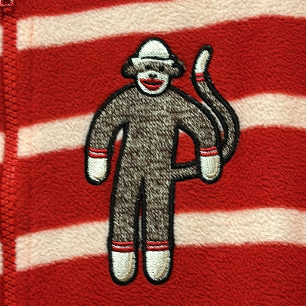 Nick & Nora Red and White Stripe Sock Monkey Footed Onesie Pajamas - Picture 3 of 9